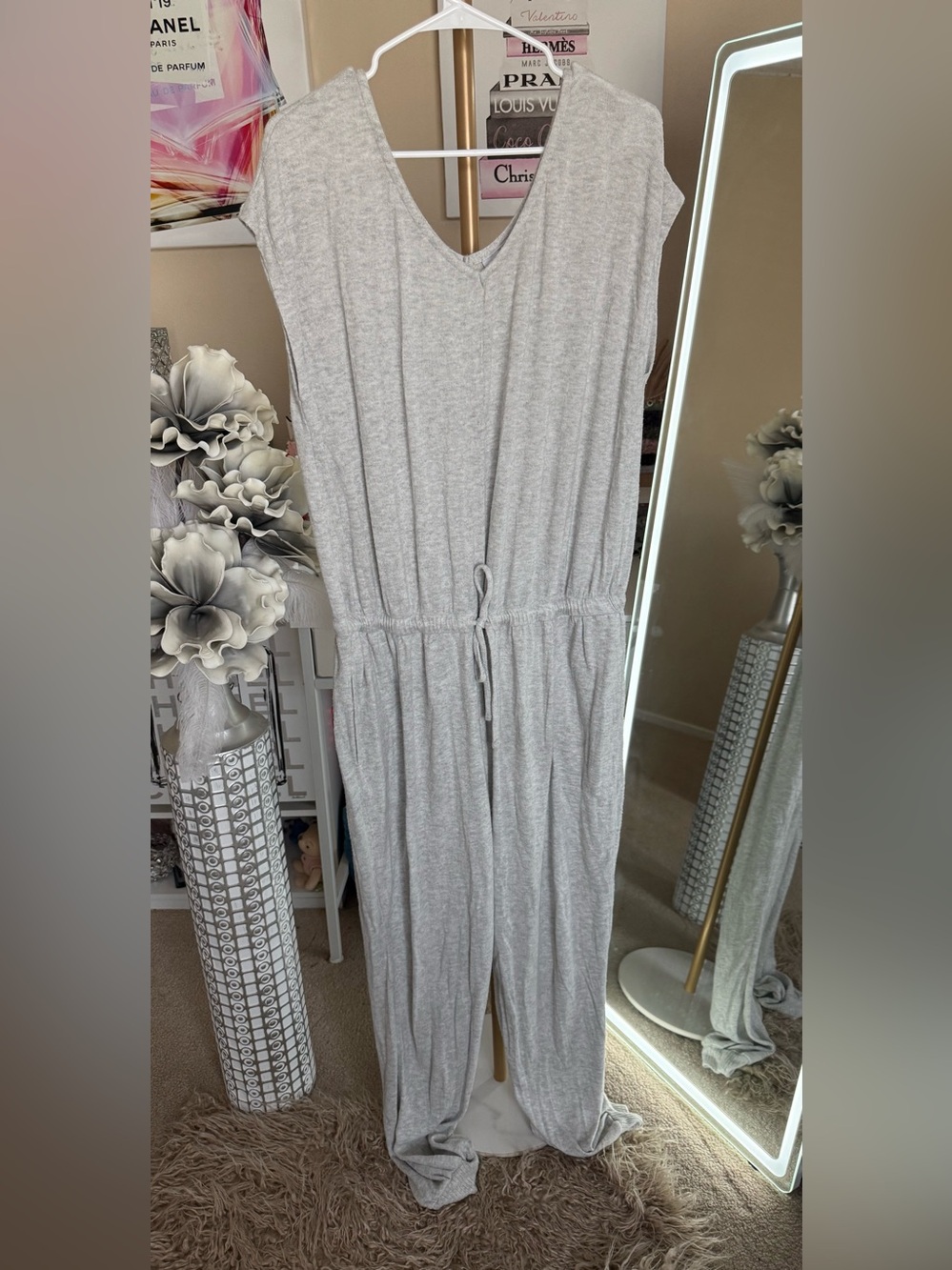 Serra Light Gray V-Neck Drawstring Jumpsuit